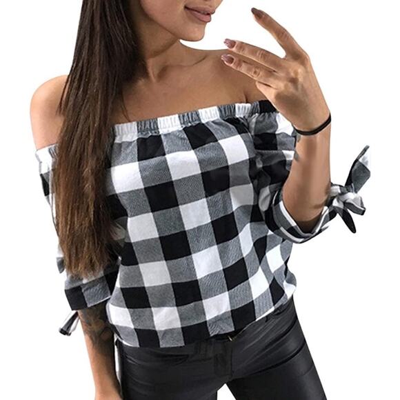 Alison‎ Andrews Off The Shoulder Plaid 3/4 Sleeve Top Size Small - Picture 3 of 13